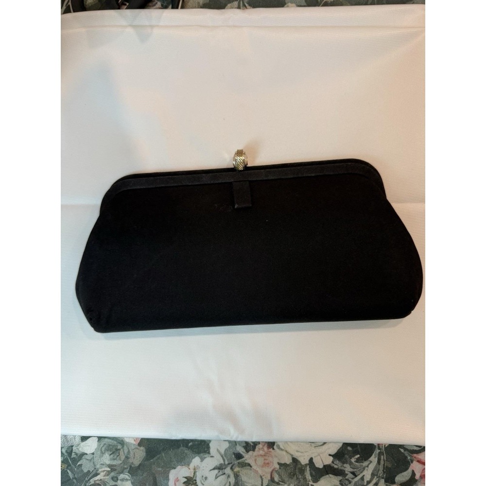 VTG Mid Century Black Faille Evening Clutch Gold Tone Shell Clasp Frame Purse